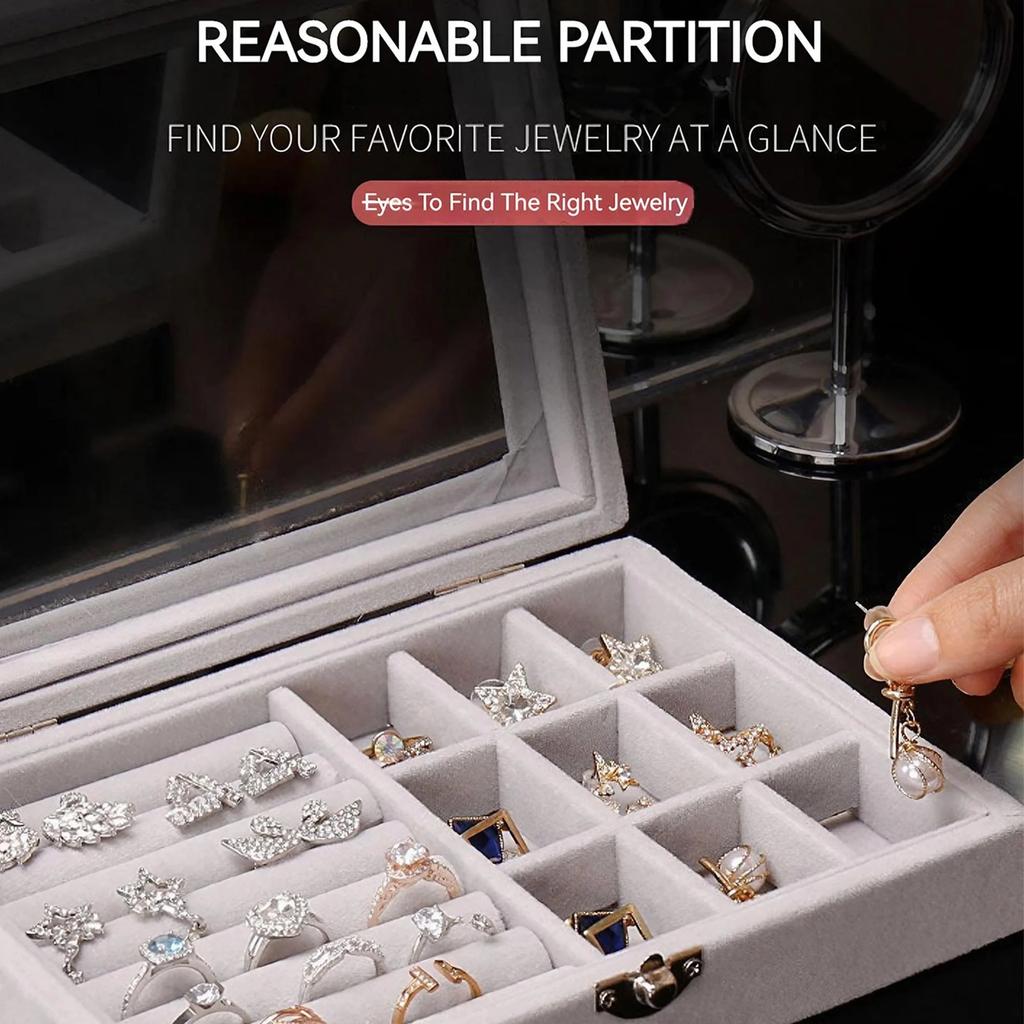 Velvet Jewelry Organizer Box with Clear Lid Dust-Proof Ring and Earring Storage Case for Multiple Pieces