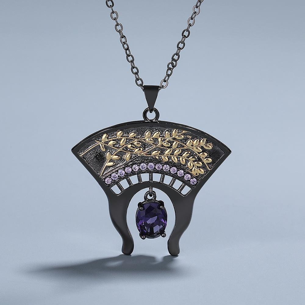 Fan-Shaped Blue Retro Zircon Necklace, Two-Color Black Gold, Please Consult Customer Service For Copper Design.