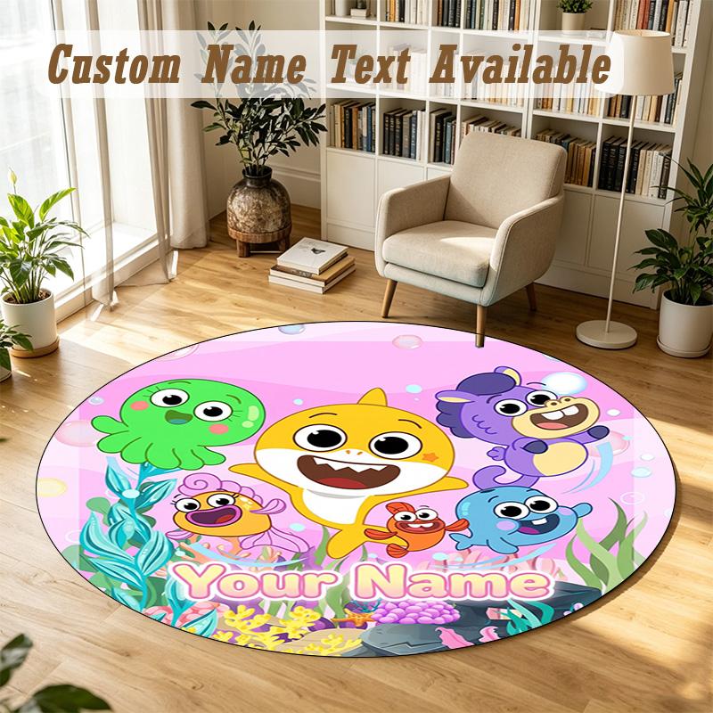 Round Rug Custom NameBaby Shark Pattern Non Slip Carpet Home Floor Decor