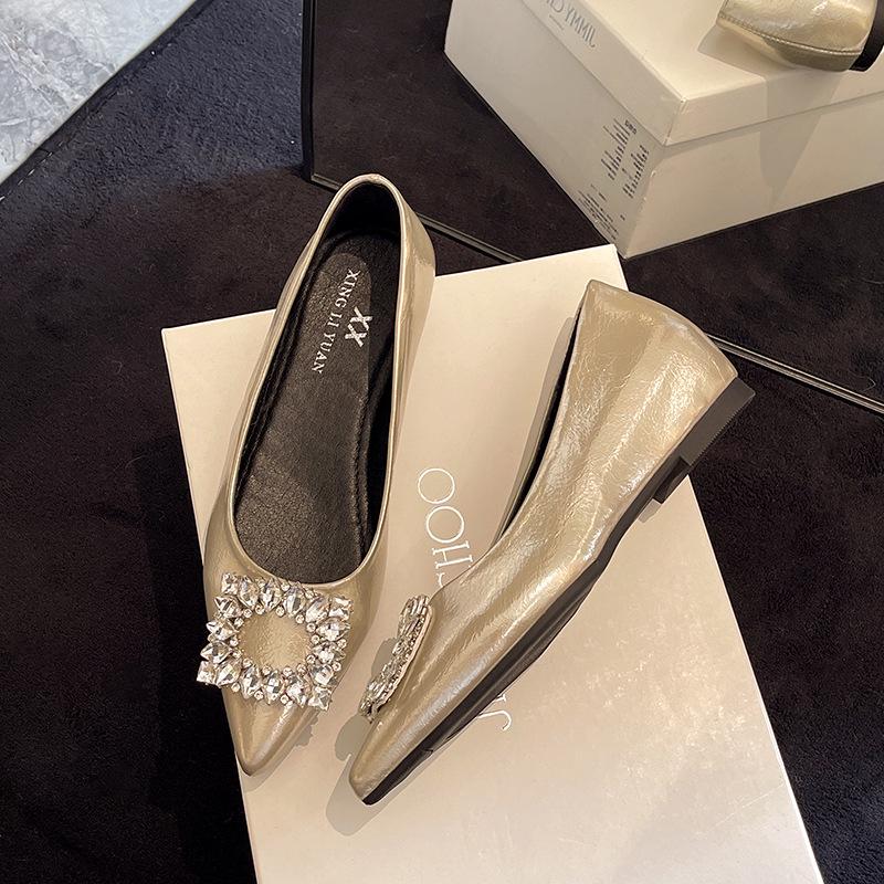 2025 Новые женские серебристые туфли Мэри Джейн с острым носком и стразами на скрытом каблуке слипоны кожаные 39 золотой 3350₽