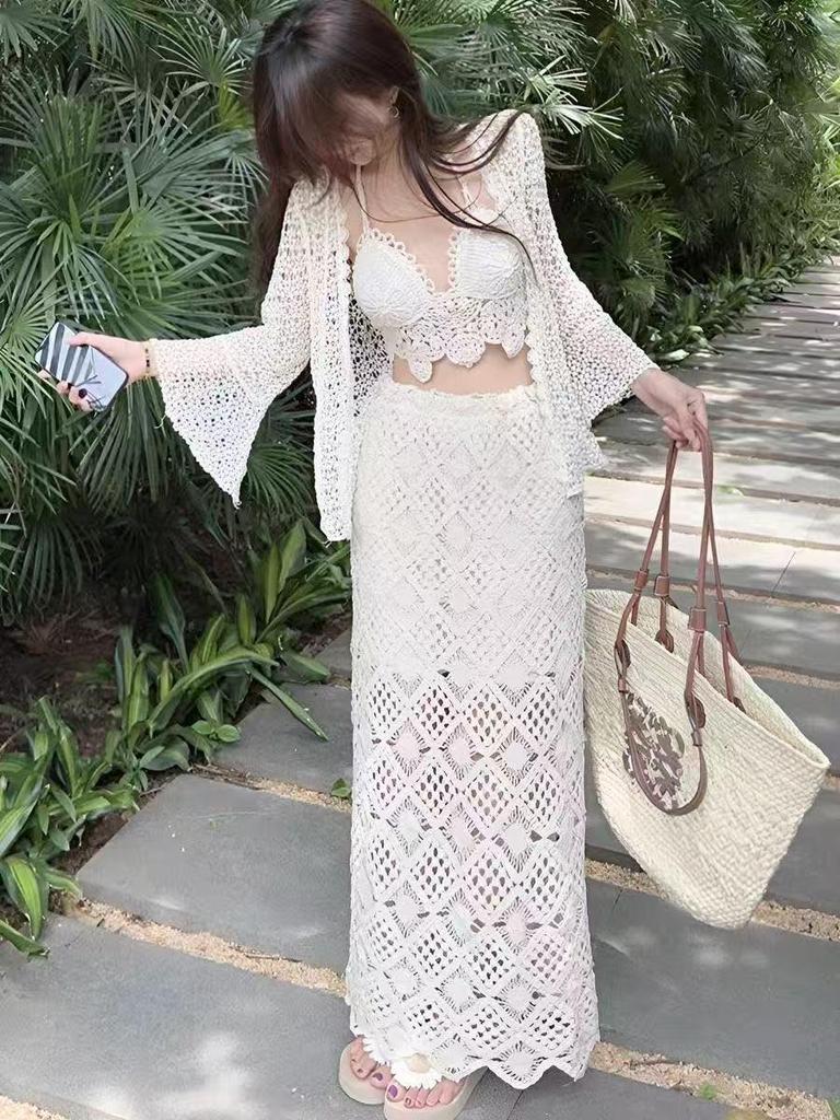 Bohemian Crochet High-Waist Hip-Hugging Midi Skirt for Women