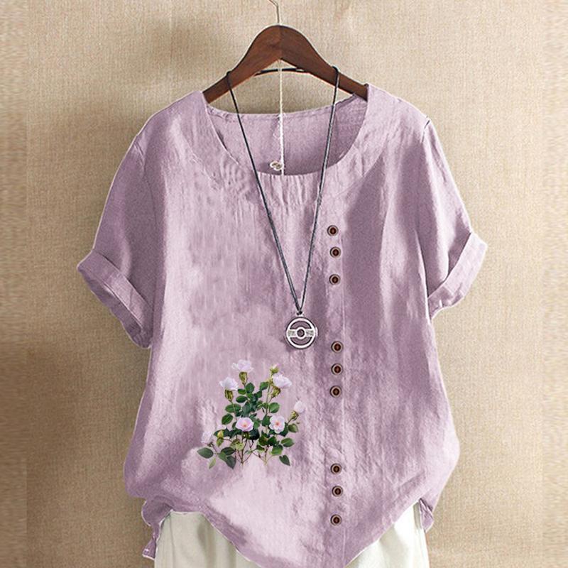 Women's Fashion Flower Prined Round Neck Short Sleeve T-shirt Casual Cotton Linen Graphic Shirt Leisure Loose Summer Blouse Tops