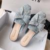 Fashion Square Toe Crystal Bowknot Slippers Women Flat Heel Glitter Slides Outdoor Footwear Female Rhinestone Bow Slippers Big Size 43