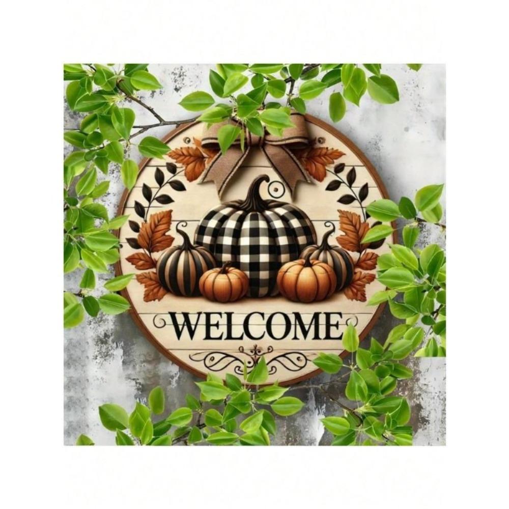 Farmhouse Round Tin Sign Pumpkin Wreath Home Garden Wall Decor