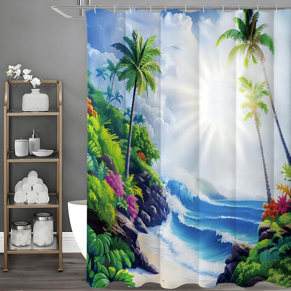 Ocean Scenery Coconut Tree Greenery Shower Curtain, Bathroom Decorative Shower Curtain, Waterproof Shower Curtain with Hooks