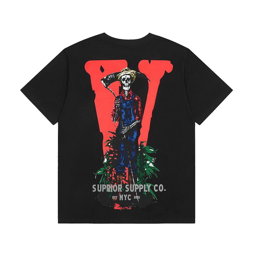 VLONE Summer Men s and Women s Red Big V Farmer Skeleton Cotton T-shirt Unisex Hip Hop S
