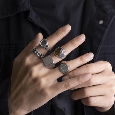 KunJoe 5pcs/set Men Punk Letter L Signet Brown Stone Ring Set Vintage Rock Hollow Geometric Pearl Black Dripping Oil Jewelry