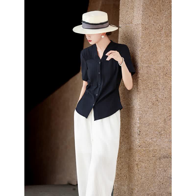 Women's Elegant V-Neck Patchwork Short Sleeve Blouse