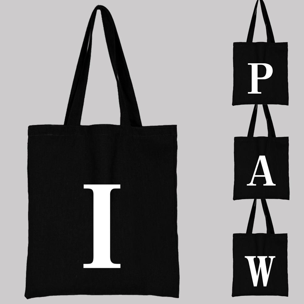 Women's Black Shopping Bag Casual Large-capacity White Letters Initial Name Pattern Printing Series Canvas Shoulder Bag Reusable