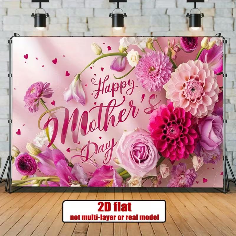 Sfondo Poliestere Festa della Mamma 2D, Floreale Rosa e Dalia "Buona Festa della Mamma" per Decorazioni Festa