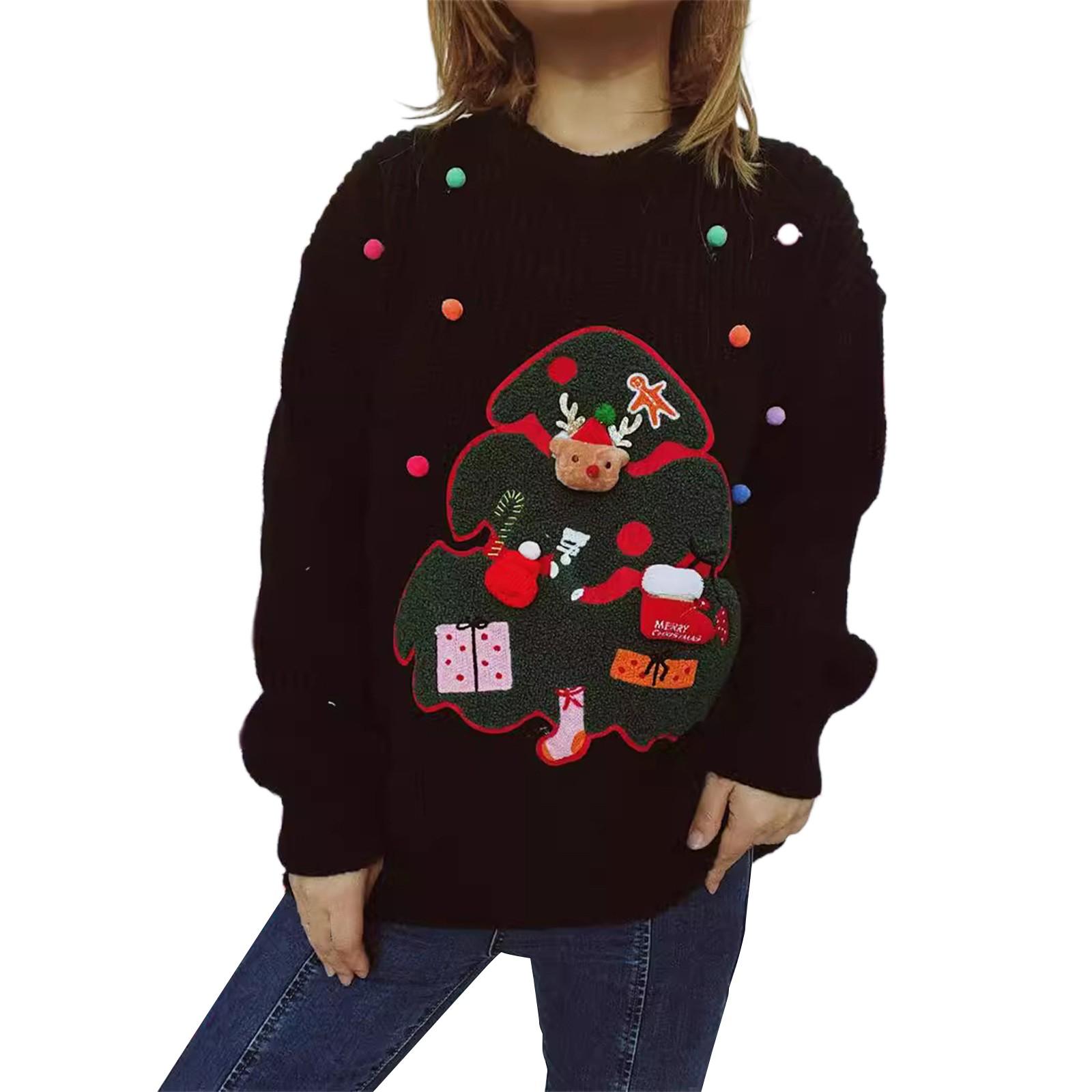 

Женская мода осень и зима рождественский свободный круглый вырез пуловер вязаный свитер S чёрный