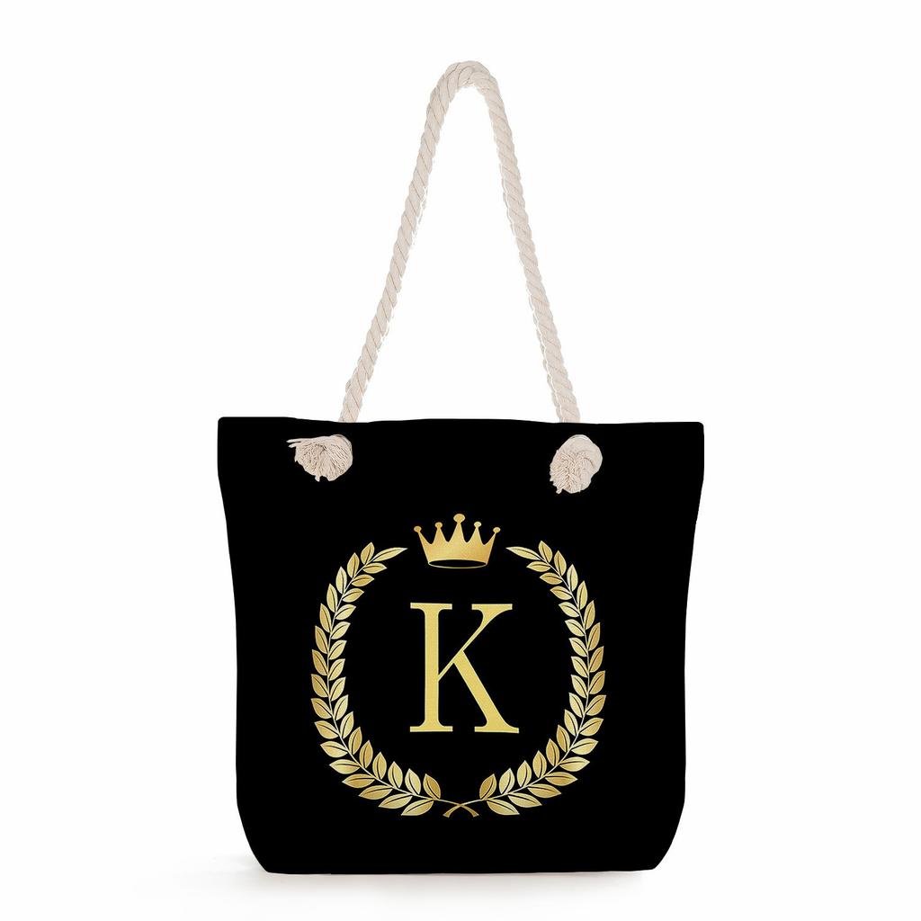 Black letters on a black background print thick rope single-shoulder beach bag 7289 CLE