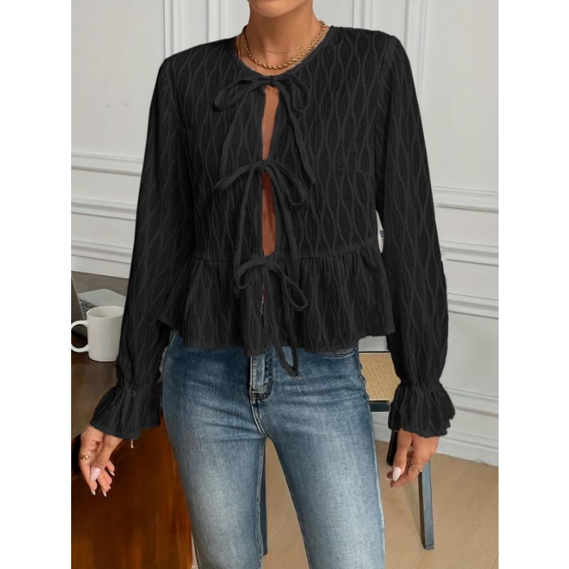 Women S Long Sleeve Lace Up Casual Solid Color Blouse