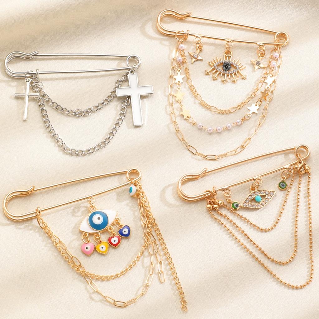 Evil Eye and Star Tassel Safety Pin Brooch with Pearl Accents for Women