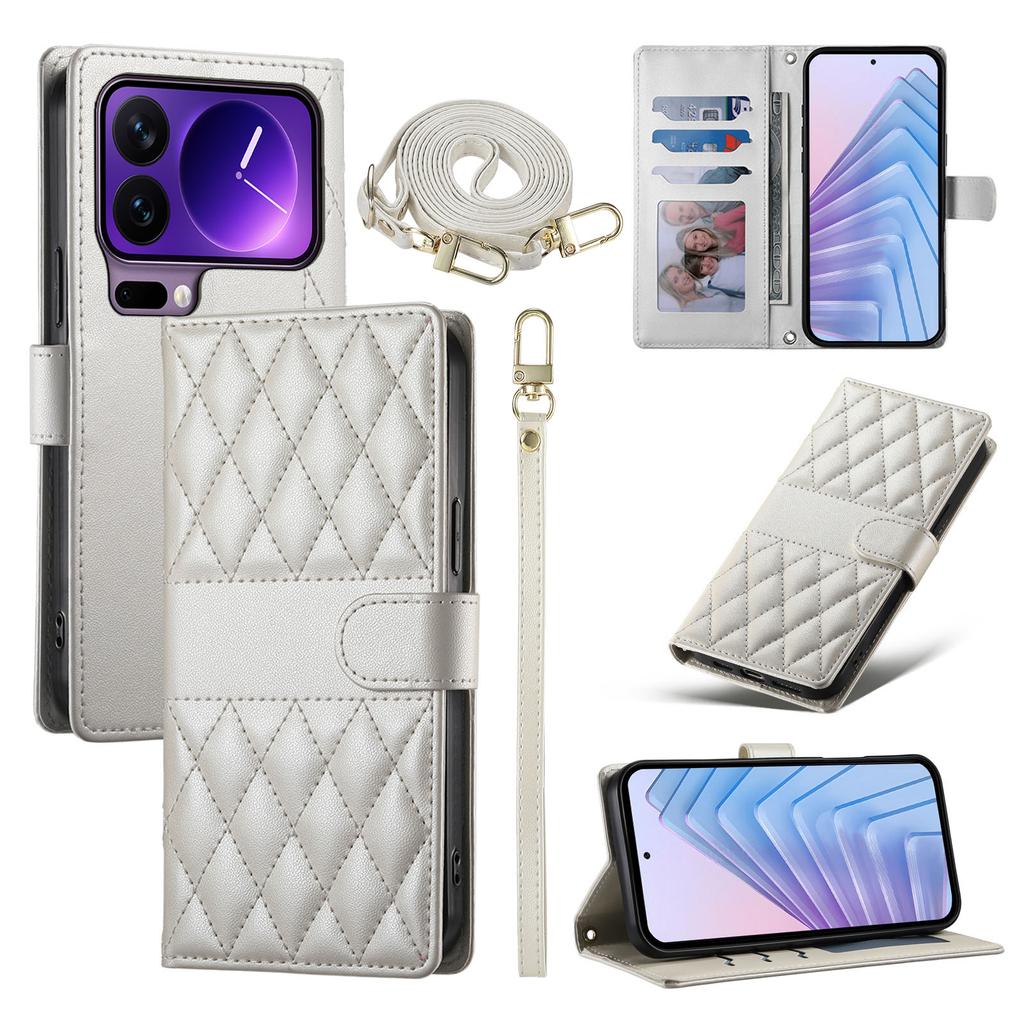 For Xiaomi 17 Pro Wallet Case Rhombus Stitching Stand Leather Phone Cover with Long/Short Strap