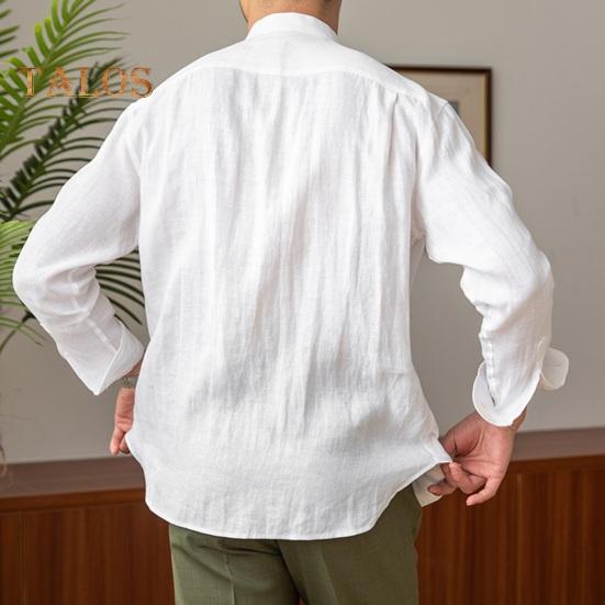 Spring Fall Men Shirt Stand Collar Single-breasted Long Sleeves Buttons Solid Color Cardigan Formal Business Style Office Top