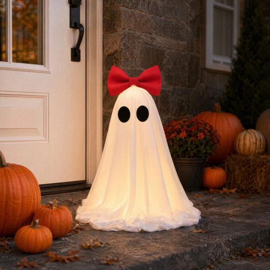 yangyizhi LED Ghost Decoration, Halloween Pink Bow Tabletop Ornament, Soft Fabric Haunted House Decor with Warm Glow for Home