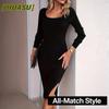 Moda Donna Estate Primavera Colore Unico Stampa Scollo a U Manica Lunga Abiti Casual