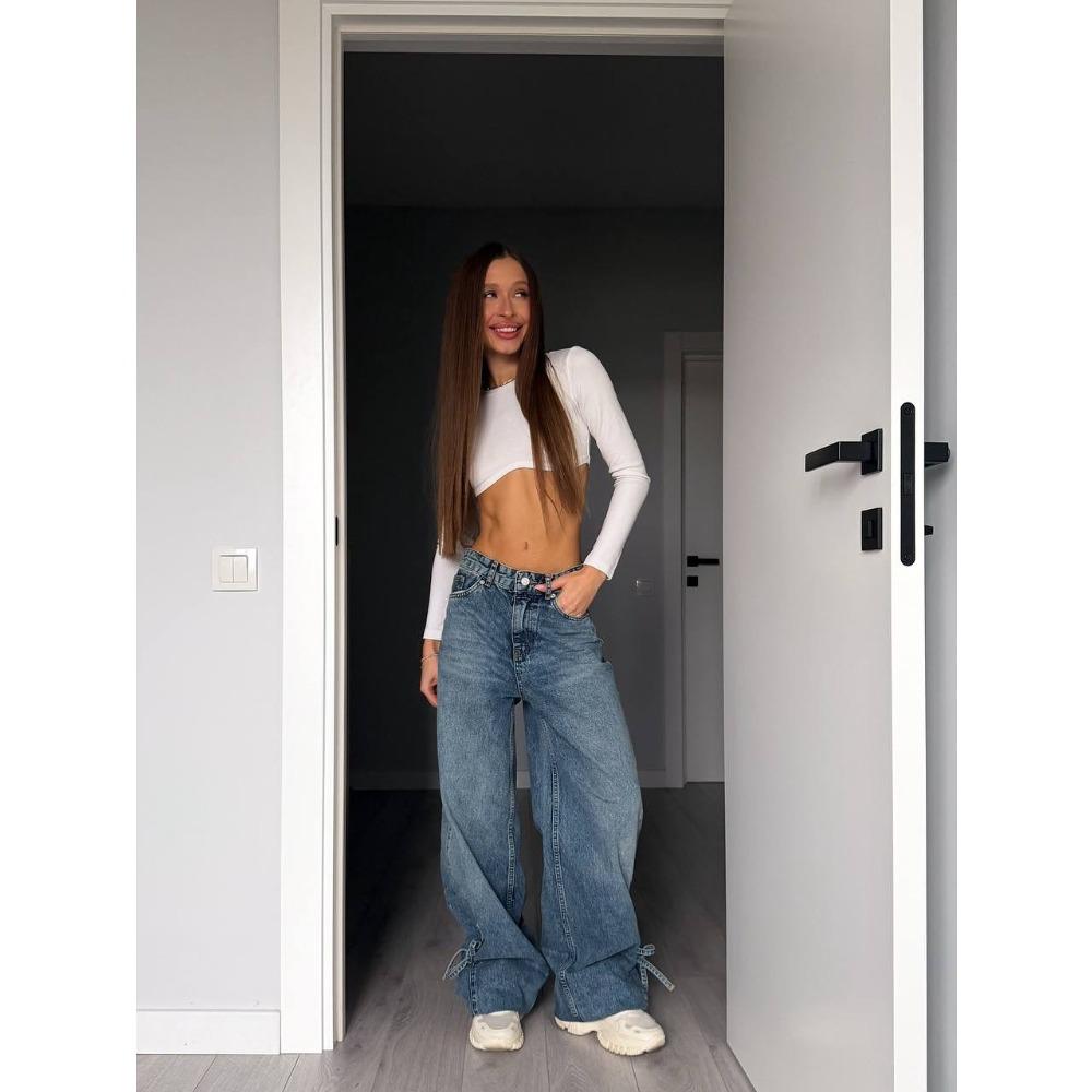 

Street Harajuku old washed water straight jeans women s autumn splicing bow lace-up high-waisted trousers women L