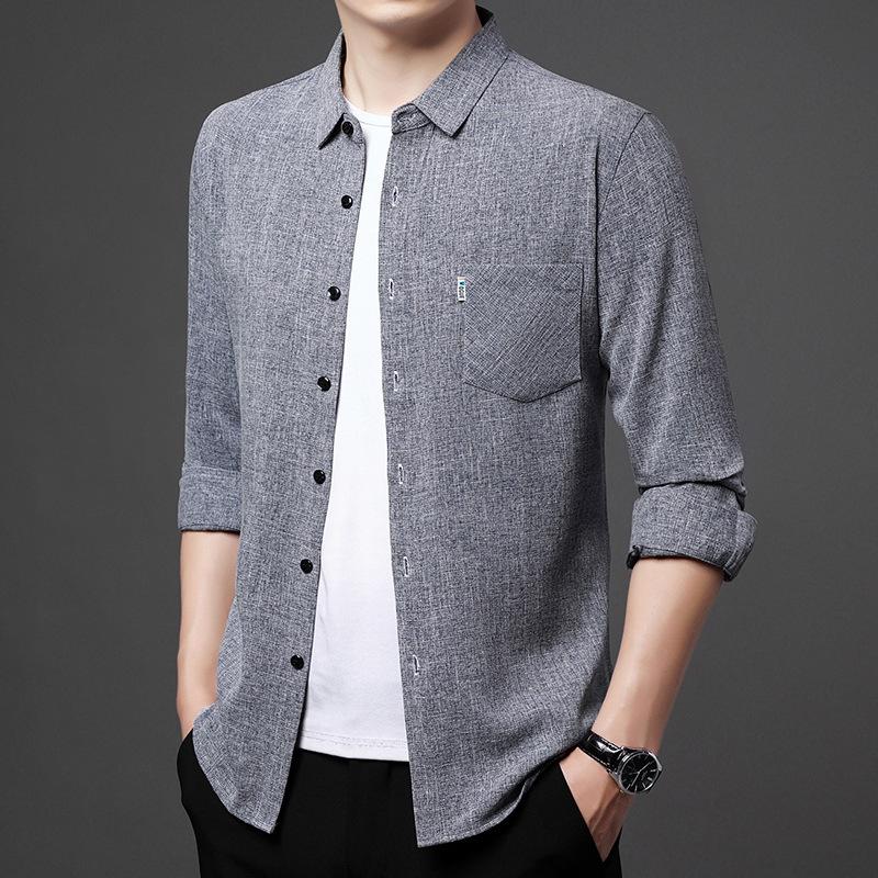 Spring New Long-sleeved Cotton and Linen Shirts for Men, Business Casual Tops, Real Pockets, Middle-aged Bottoming Shirts for Men