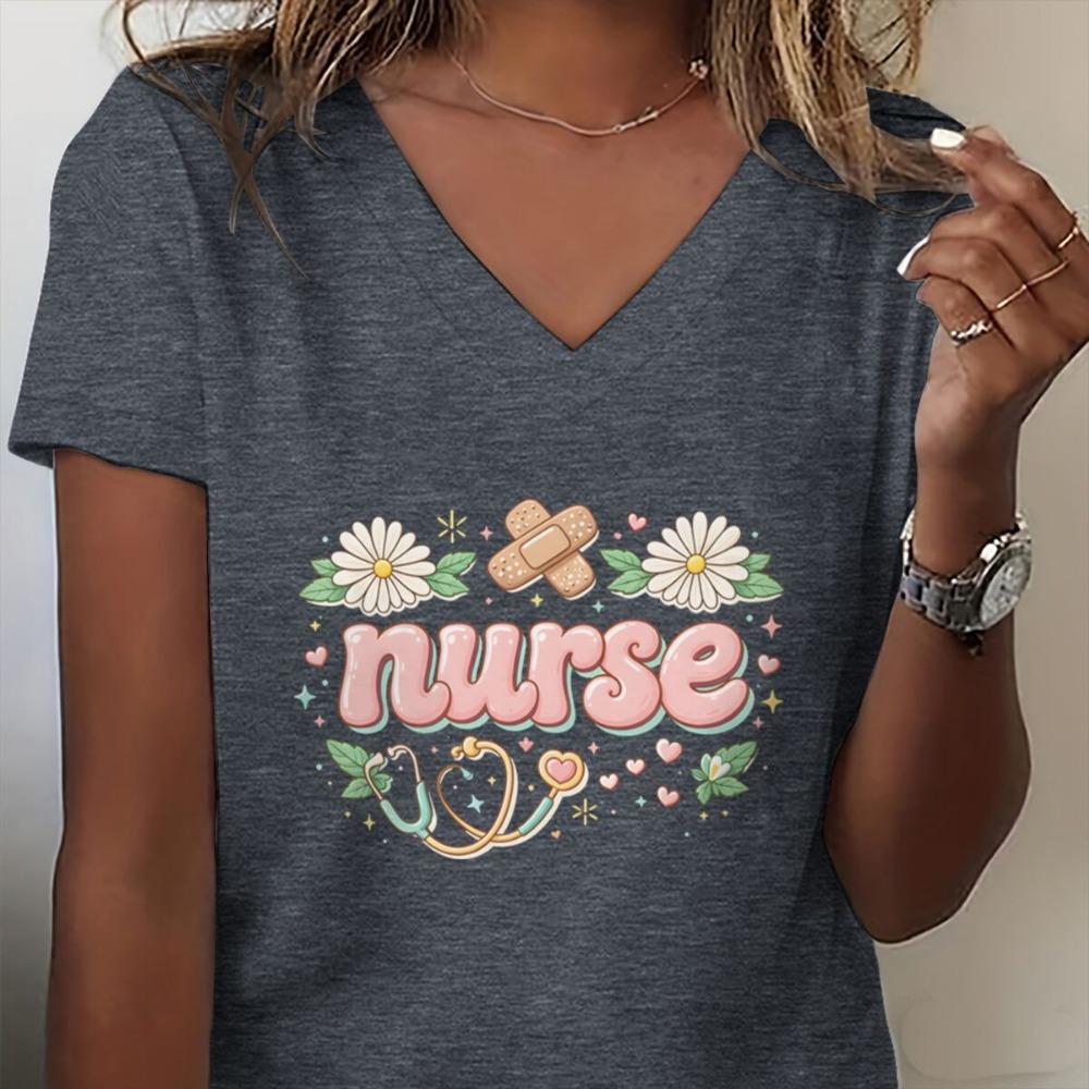 Floral Nurse T Shirt Registered Nursing Short Sleeve V-neck Tee Nurse Life Fashion Casual Tops Wild Flowers Nurse T Shirt