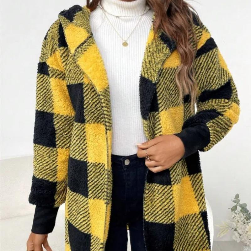 Fuzzy Fleece Open Front Hooded Cardigan Jackets Sherpa Outerwear Coats with Pockets Women's Cozy Soft Flannel Jacket, Warm Checkered Outerwear