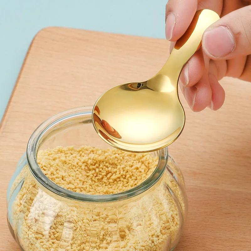 Mini Steel Short Handle Spoon Silver Gold Adorable Round Head Ice Cream Dessert Spoons Kitchen Teaspoon Tableware Utensils