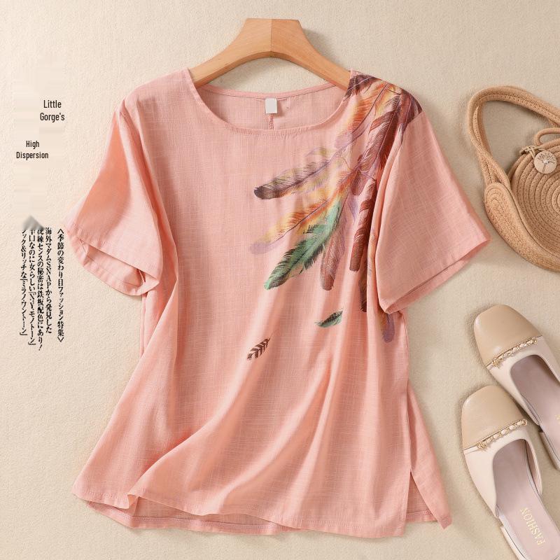 Retro Cotton Linen Printed Women s Loose Round Neck Short Sleeve Casual Pullover T-shirt Large