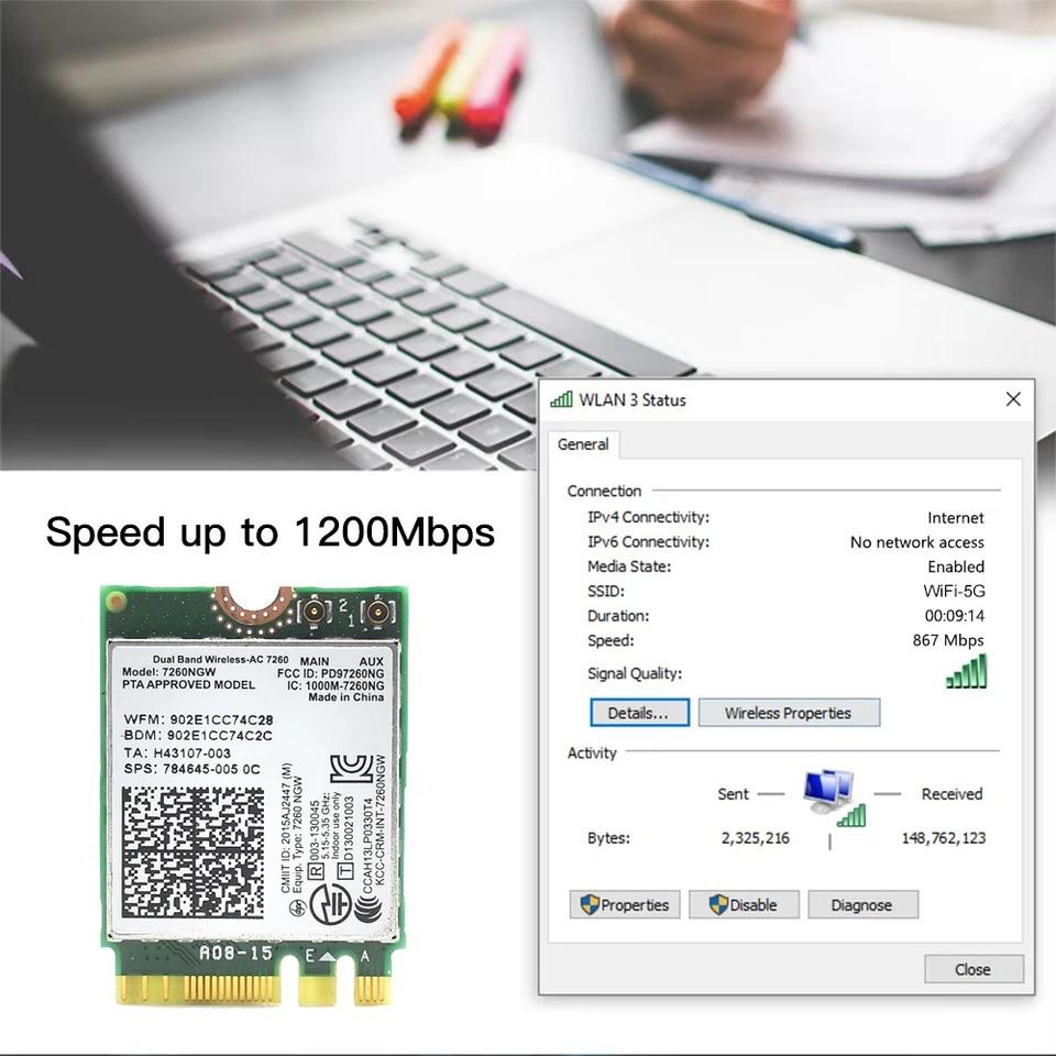 7260NGW M.2 Беспроводная карта Wi-Fi 1200 Мбит/с Двухдиапазонная 2,4 ГГц 5 ГГц Bluetooth 4.0 Адаптерная карта 802.11AC с антенной для ноутбуков, настольных ПК