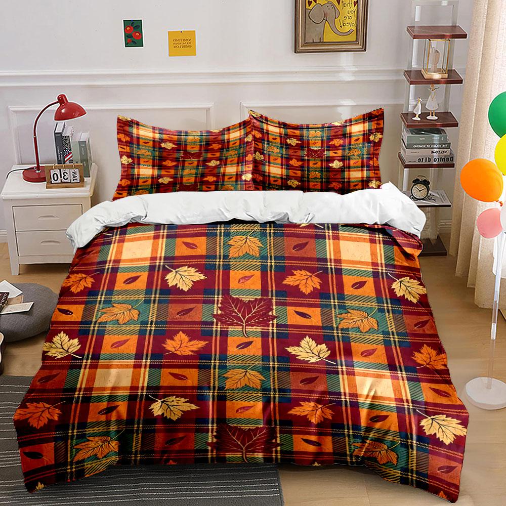 Plaid and Autumn Leaf Bedding Bedding Duvet Cover Set Duvet Cover Pillowcases (1 * Duvet Cover 2 * Pillowcases, Without Duvet Insert)