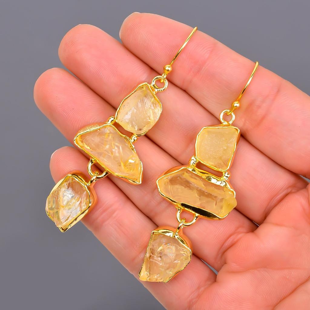 Citrine Gemstone Gold Plated Elegant Electroformed Dangle Drop Earrings Jewelry V-116