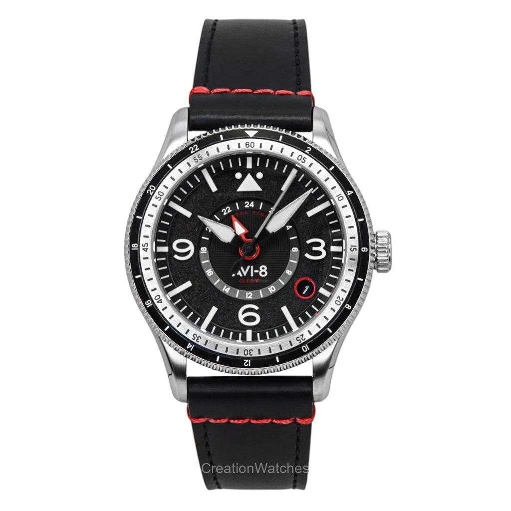 AVI-8 Flyboy Airmaster GMT Lærreim Motor Svart Skive Automatisk AV-4128-01 Herreklokke