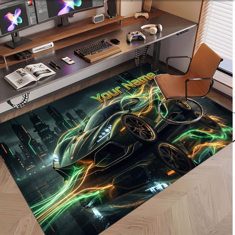 Auto-Rennsport-Thema Weicher Kristall-Samt Teppich Benutzerdefinierter Name & Text Druck Rutschfester Boden Teppich für Schlafzimmer Wohnzimmer