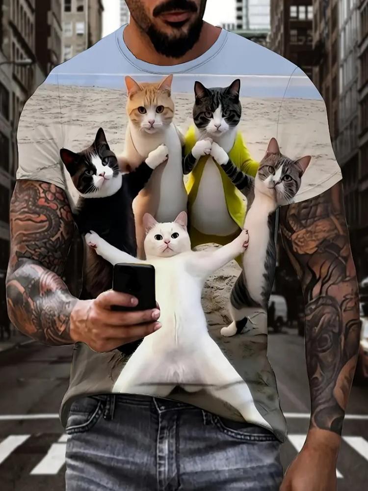 Men T-Shirt Digital Cat Doing Print Summer Round Neck Funny Taekwondo Graphic T Shirts Street Short Sleeve Tee Men's Clothing