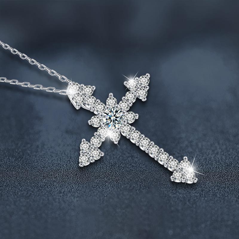 Exaggerated Moissanite Cross Pendant Necklace Full-Set S925 Sterling Silver Jewelry Accessory