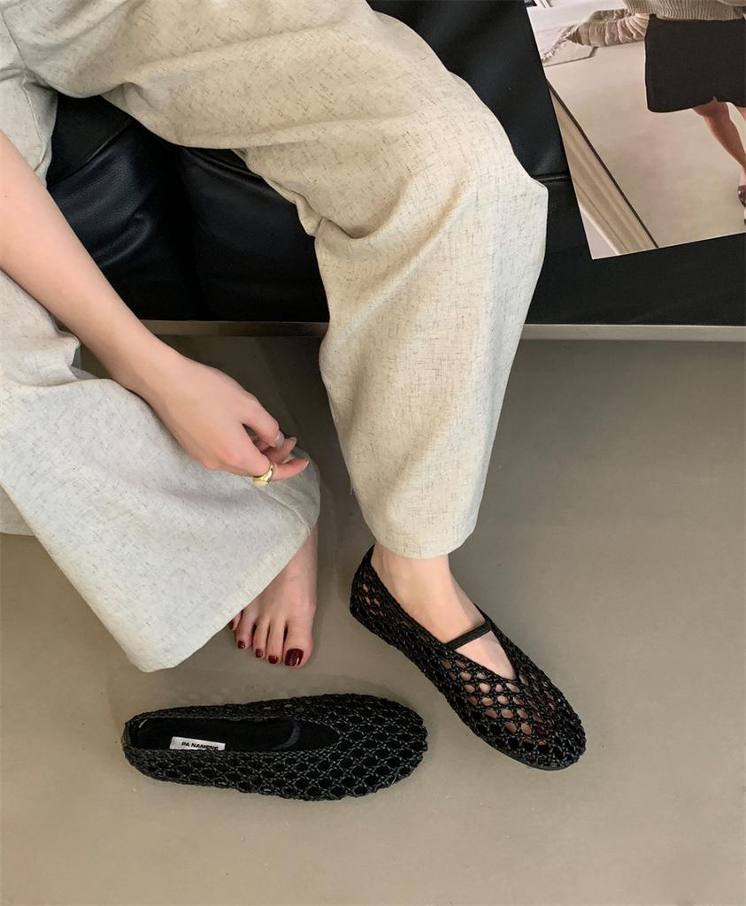 Leather Version~ Round Head Hollow Woven Retro Flat Shoes Women's Sandals One-word Fishing Net Shoes Breathable Shallow Mouth Single Shoes