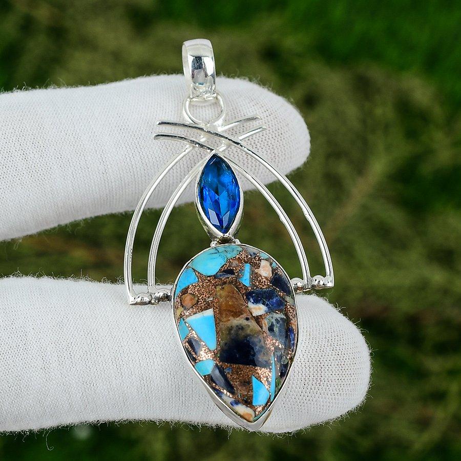 

Copper Multi Turquoise Gemstone Swiss Blue Topaz New Pendant 925 Sterling Silver