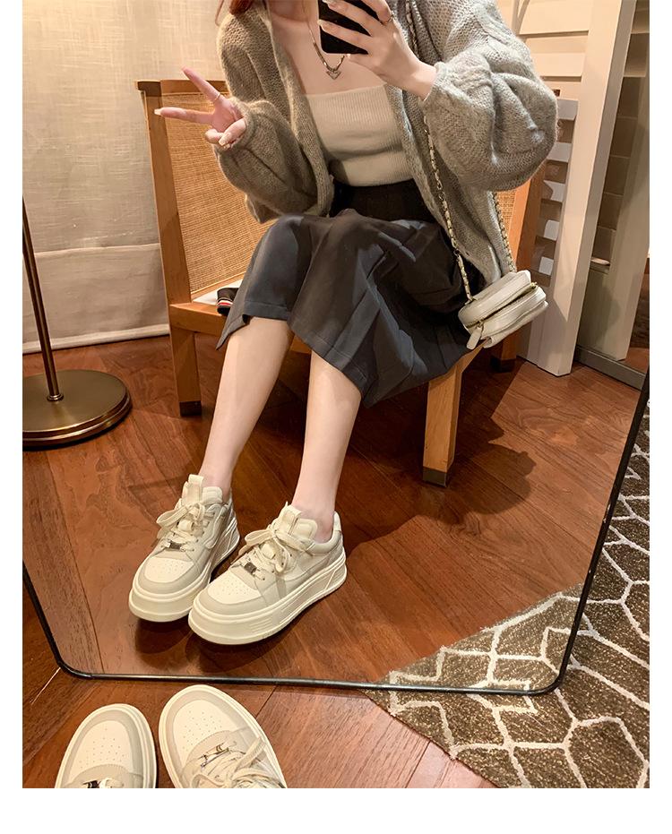 Cowhide~ Genuine Leather Little White Shoes Women's Round Head Color Matching Muffin Thick Sole Height Increase Casual Sports Shoes Versatile Lace-up