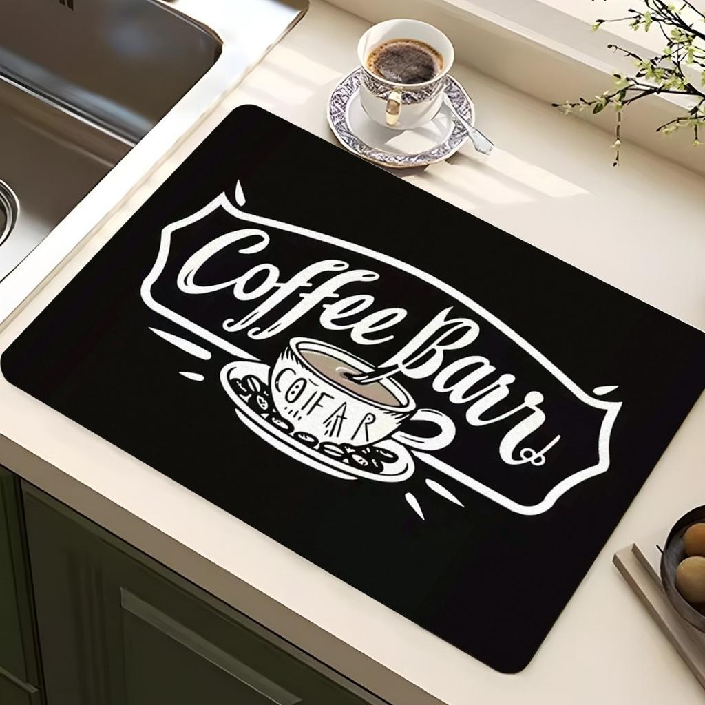 Classic Coffee Design Dish Drying Mat Soft Rubber Non Slip Absorbent Polyester Stain Resistant For Kitchen Coffee Bar Countertop