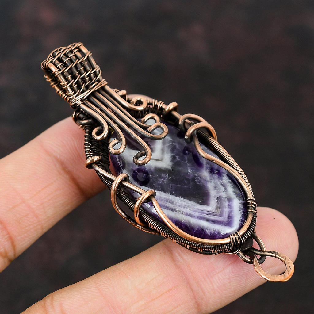 Chevron Amethyst Copper Pendant Copper Wire Wrapped Pendant Gemstone Designer Jewelry Copper Wire Pendant Handmade Jewelry Gift For Friend