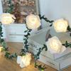 1pc White Rose With Green Leaf Vine String Light Courtyard Garden Decorative Lamp Battery Operated Suitable For Home Decor