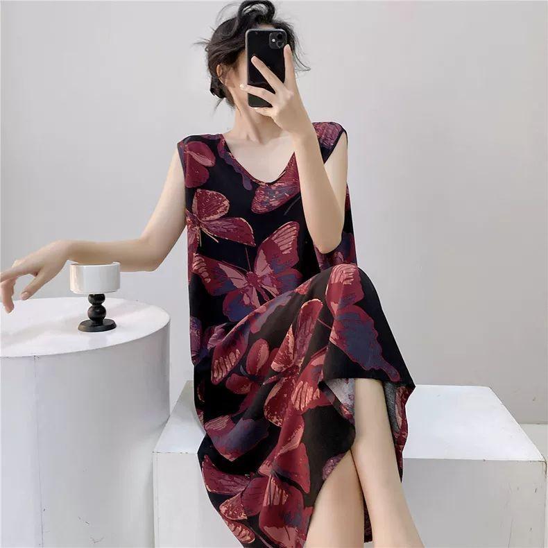 Large Size Loose Long Nightgown Simple Lazy Style Printed Sleeveless Tank Dress Sexy V-Neck V-Back Home Clothes Loungewear