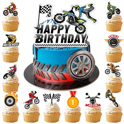 Motorcycle Cake Topper, 24 Pcs Motorcycle Dirtbike Cupcake Toppers + 1 Pcs Dirt Bike Cake Topper Birthday Cake Decorations Birthday Party Supplies