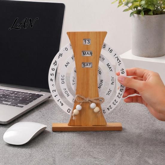 Office Desk Accessories for Men Wooden Perpetual Calendar, Manual Rotating Calendar Home Natural Wood Decor, Creative Date Month Week Display Desktop