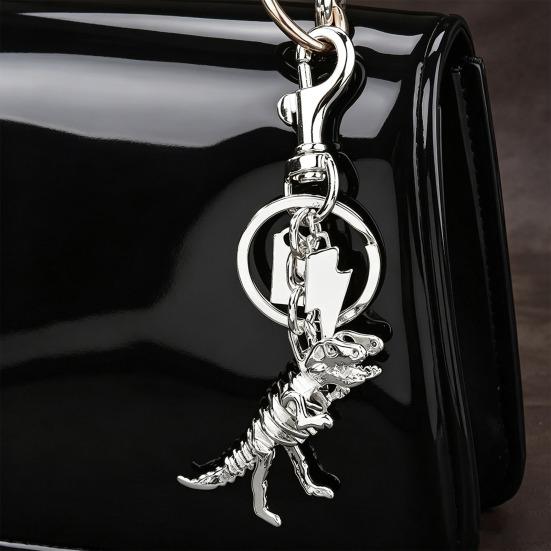 Keychain Pendant Dinosaur T-Rex Skeleton Metallic Luster Bag Charm Alloy Triple Reinforced Lobster Clasp Key Ring