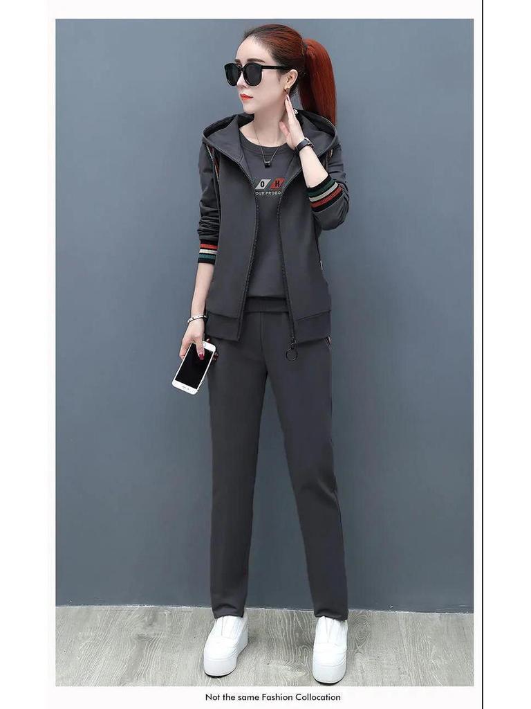 Set Sportiv de Damă din 3 Piese Stil Coreean Mărimi Mari Hanorac & Vestă (Toamna 2022)