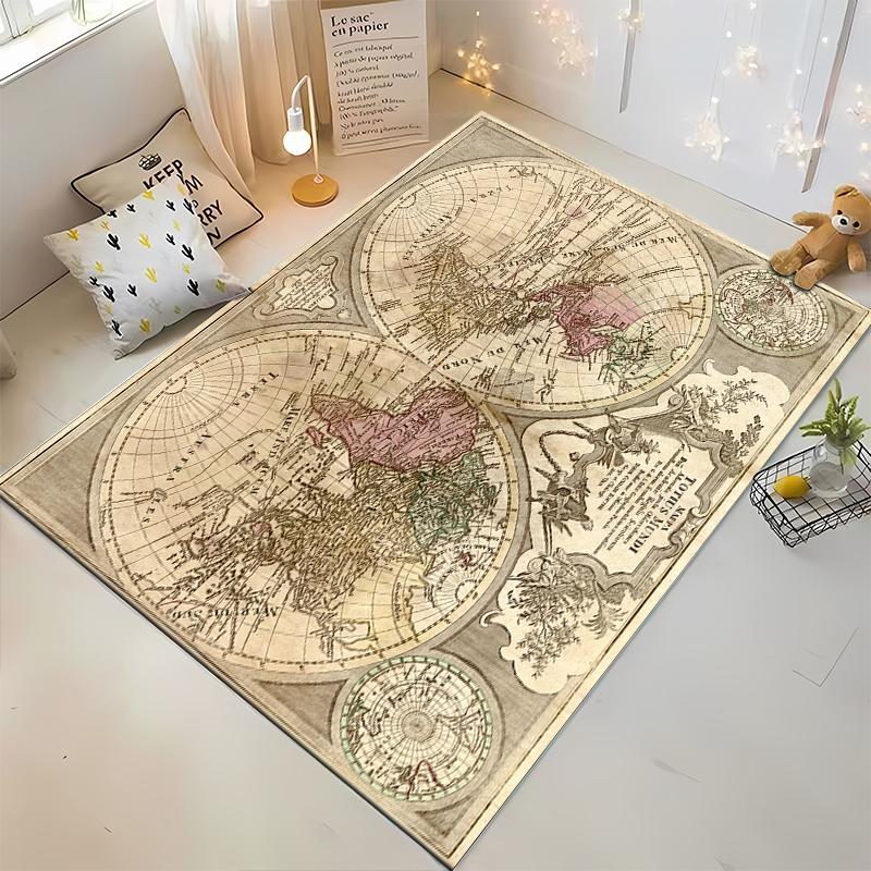 Vintage World Map Design Rug, Antique Style. Non-slip rug suitable for living room and bedroom sofas.