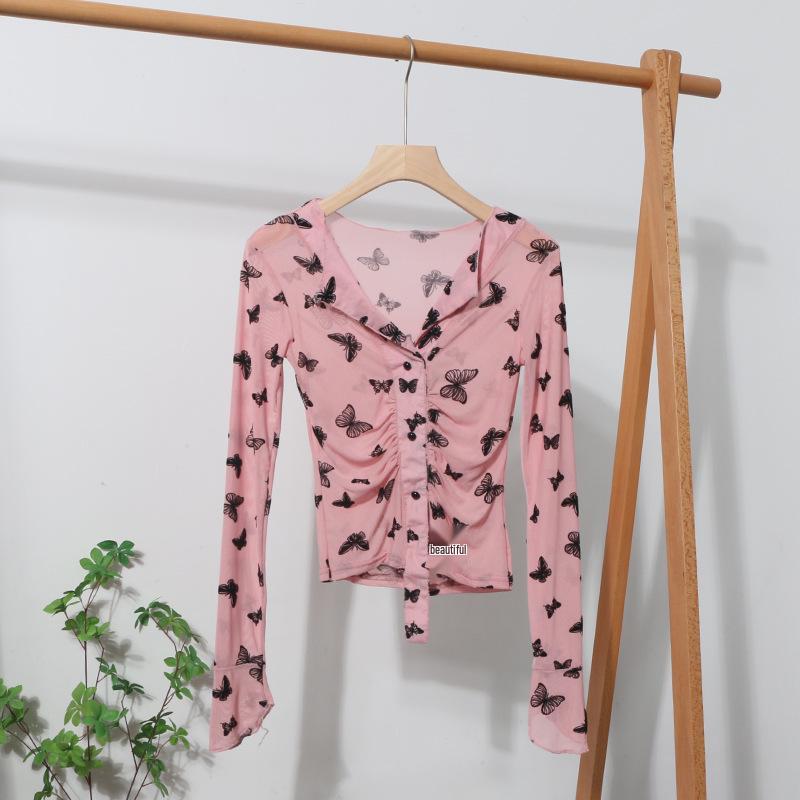 

V-Neck Flocking Bow Mesh Long Sleeve Pullover T-Shirt 8900 One Size розовый