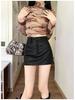 Women's Coffee-Colored PU Leather A-Line Mini Skirt, Petite, High-Waisted, Textured, Hip-Hugging, Autumn Style.
