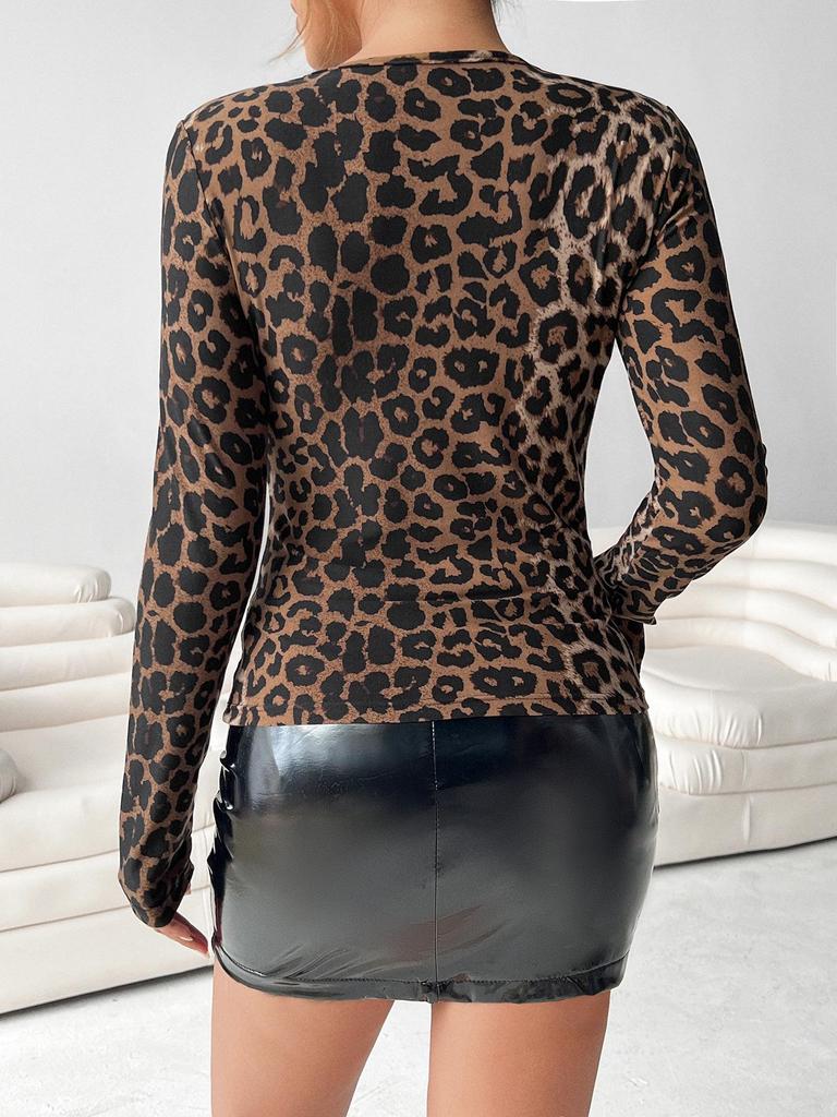 Leopard Print Cutout Round Neck Bodycon Long Sleeve Women's T-shirt (2025 Edition)